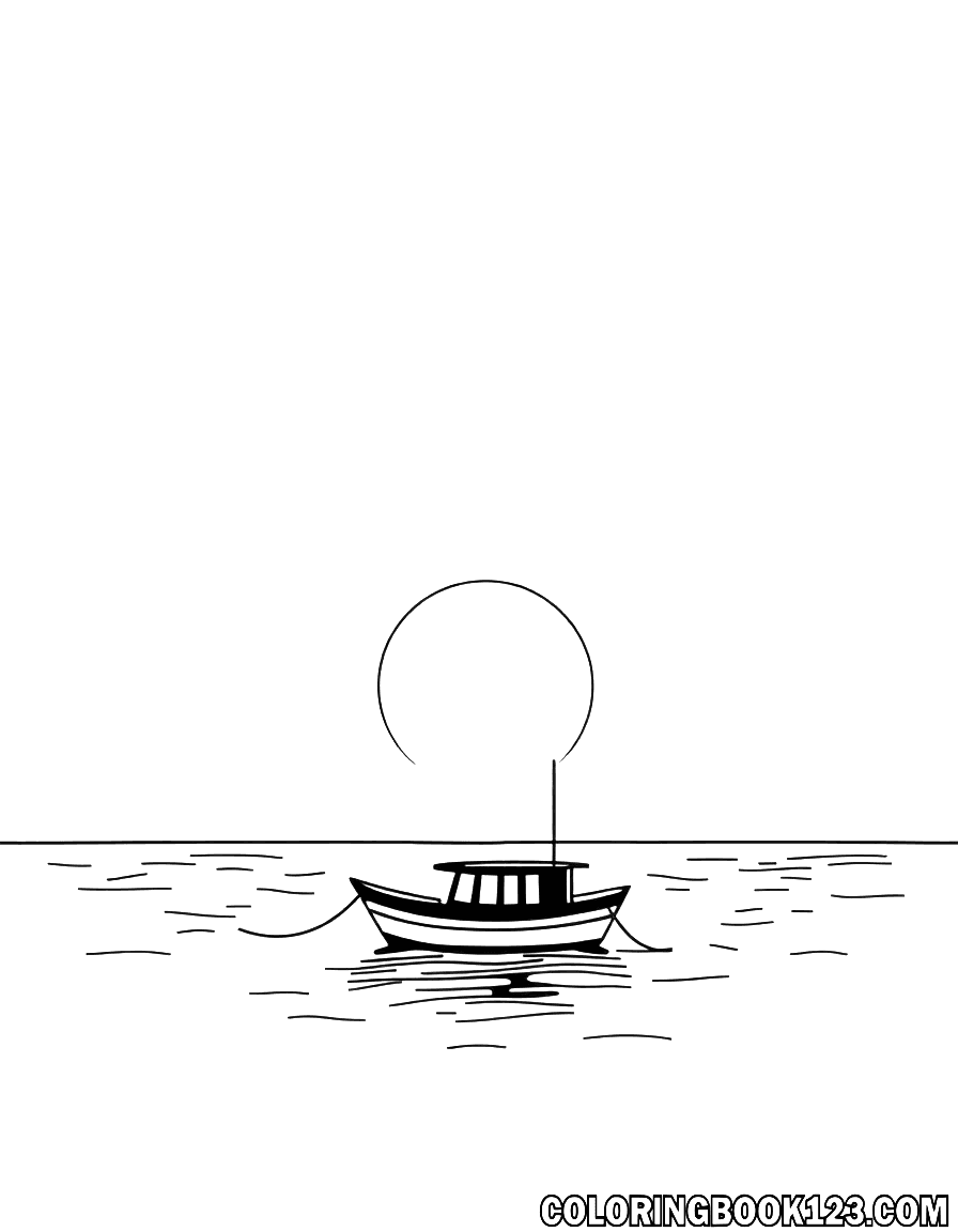 Ausmalbild eines Sonnenaufgangs am Meer mit einem Boot