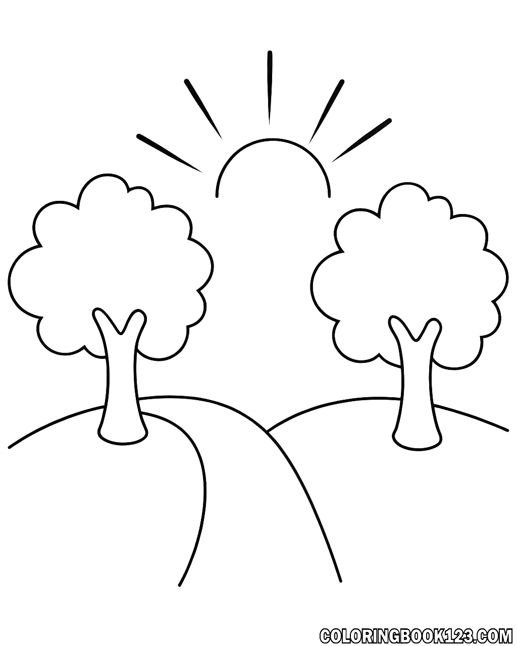 A black-and-white coloring page of a sunrise over a peaceful forest.