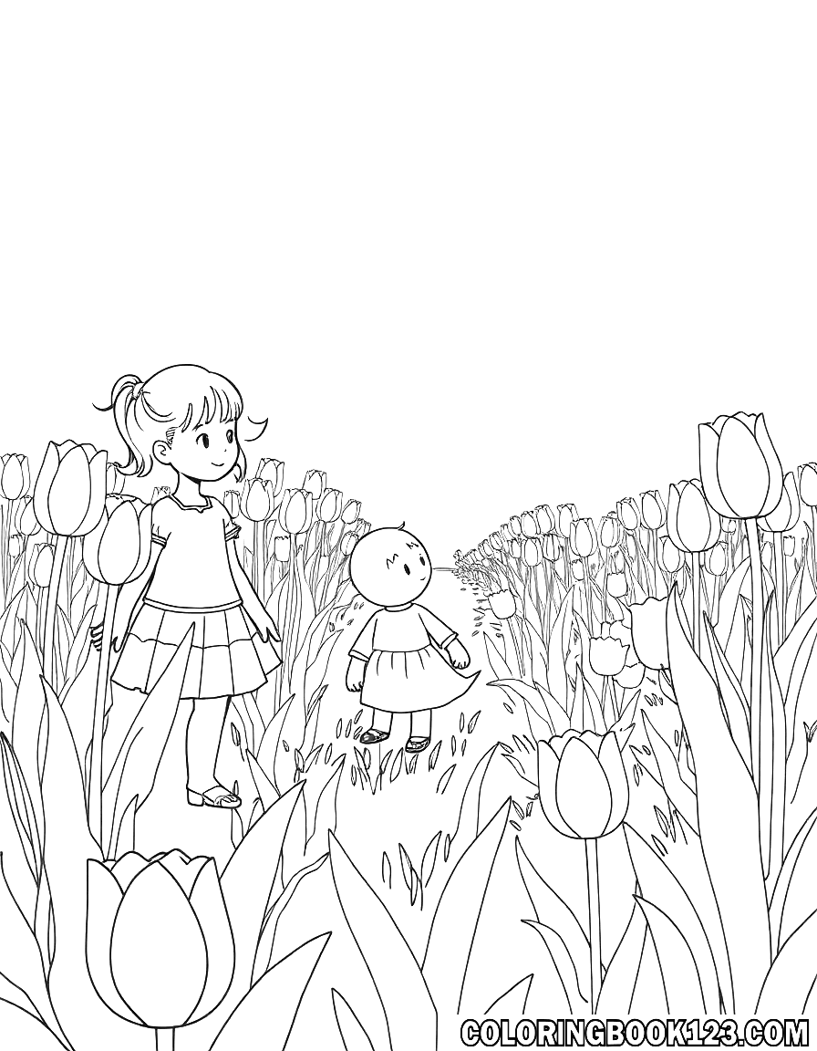 Ausmalbild eines Tulpenfeldes mit Kindern