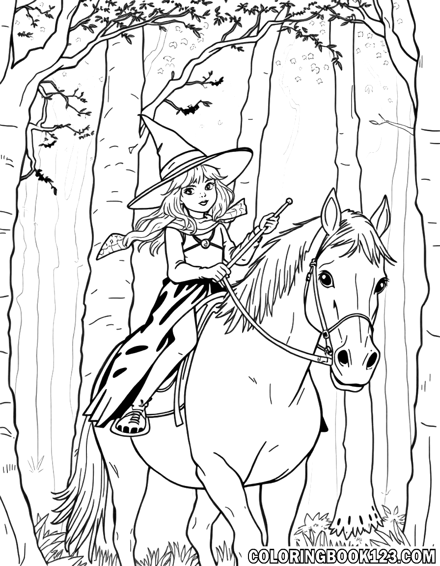 A young witch riding a horse through the forest in line art.