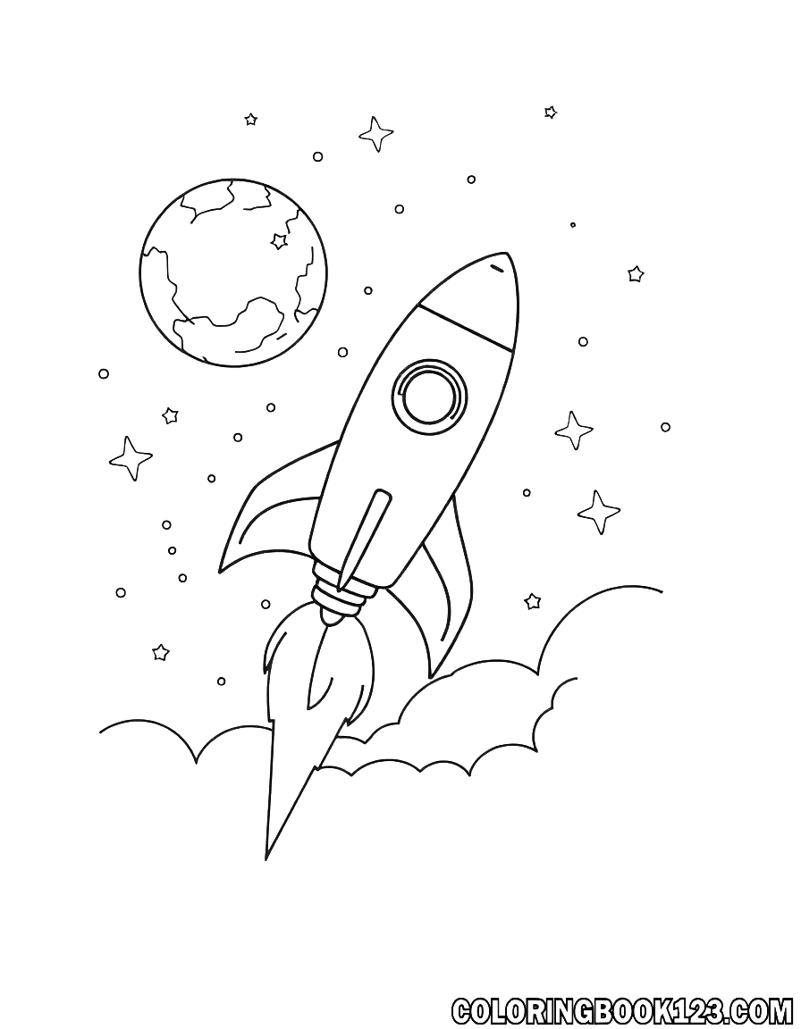Rakete im Weltraum mit Mond und Sternen