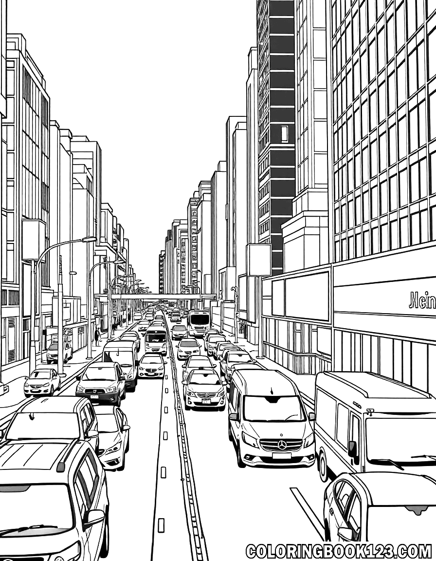 Ausmalbild Stadtzentrum mit starkem Verkehr