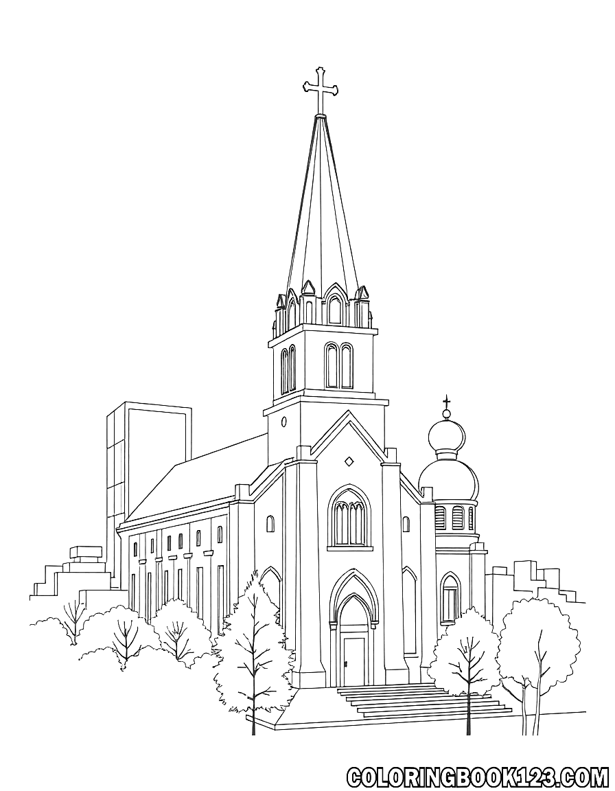 Ausmalbild einer Kirche in der Stadt