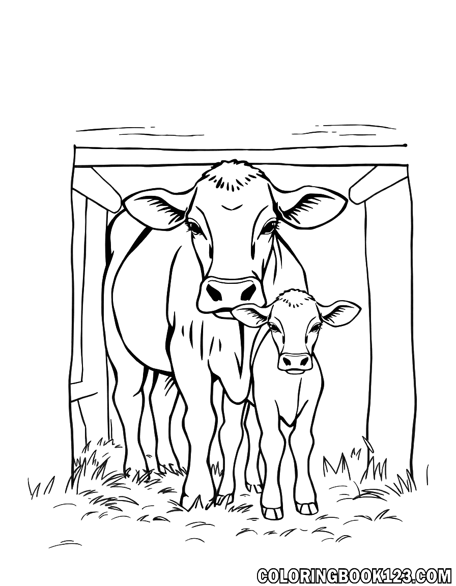Ausmalbild einer Kuh mit ihrem Kalb im Stall