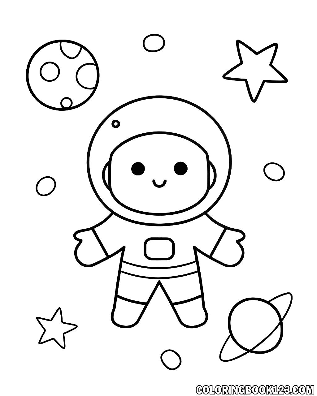 Ausmalbild eines Astronauten im Weltraum mit Planeten und Sternen