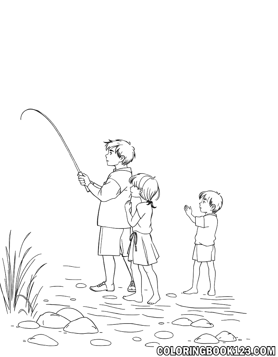 A family fishing in a line art style on a white background.