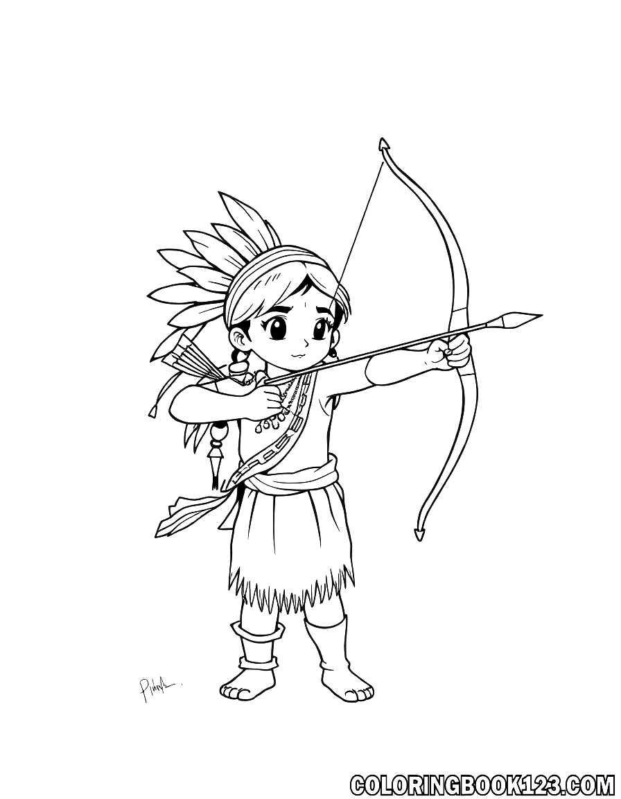Indian child with bow and arrow coloring page
