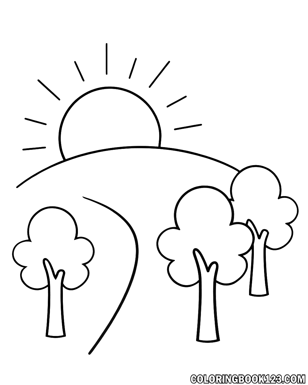 Ausmalbild eines Sonnenaufgangs über einem friedlichen Wald mit cartoonhaften Bäumen und einem Weg.