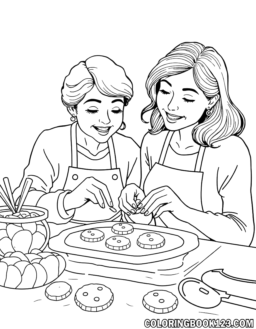 Ausmalbild von zwei Personen, die Kekse backen.