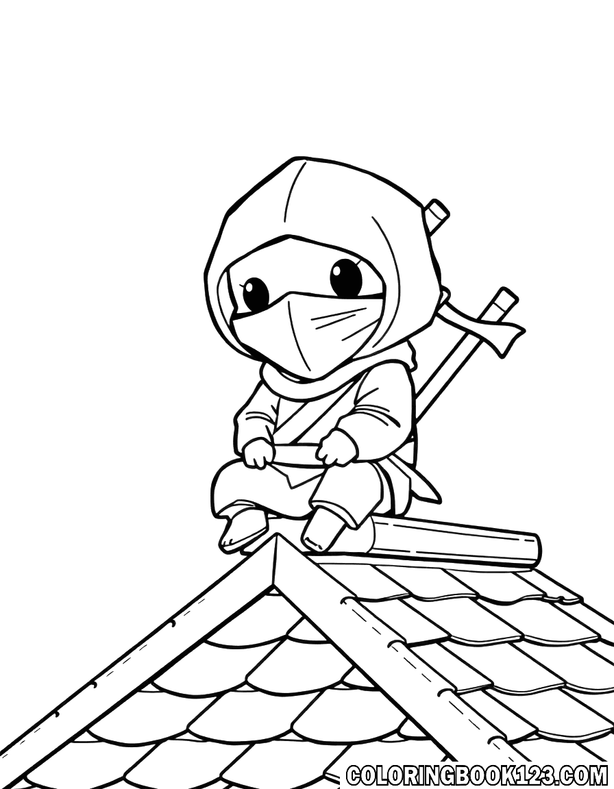 Kawaii Ninja auf einem Dach Ausmalbild