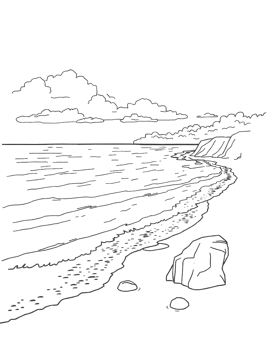 Ausmalbild Meer und Strand in Schwarz-Weiß