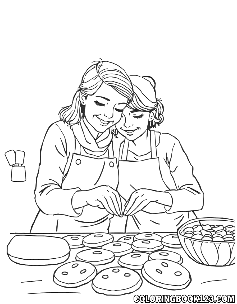Ausmalbild von einer Mutter und ihrem Kind, die zusammen Kekse backen.