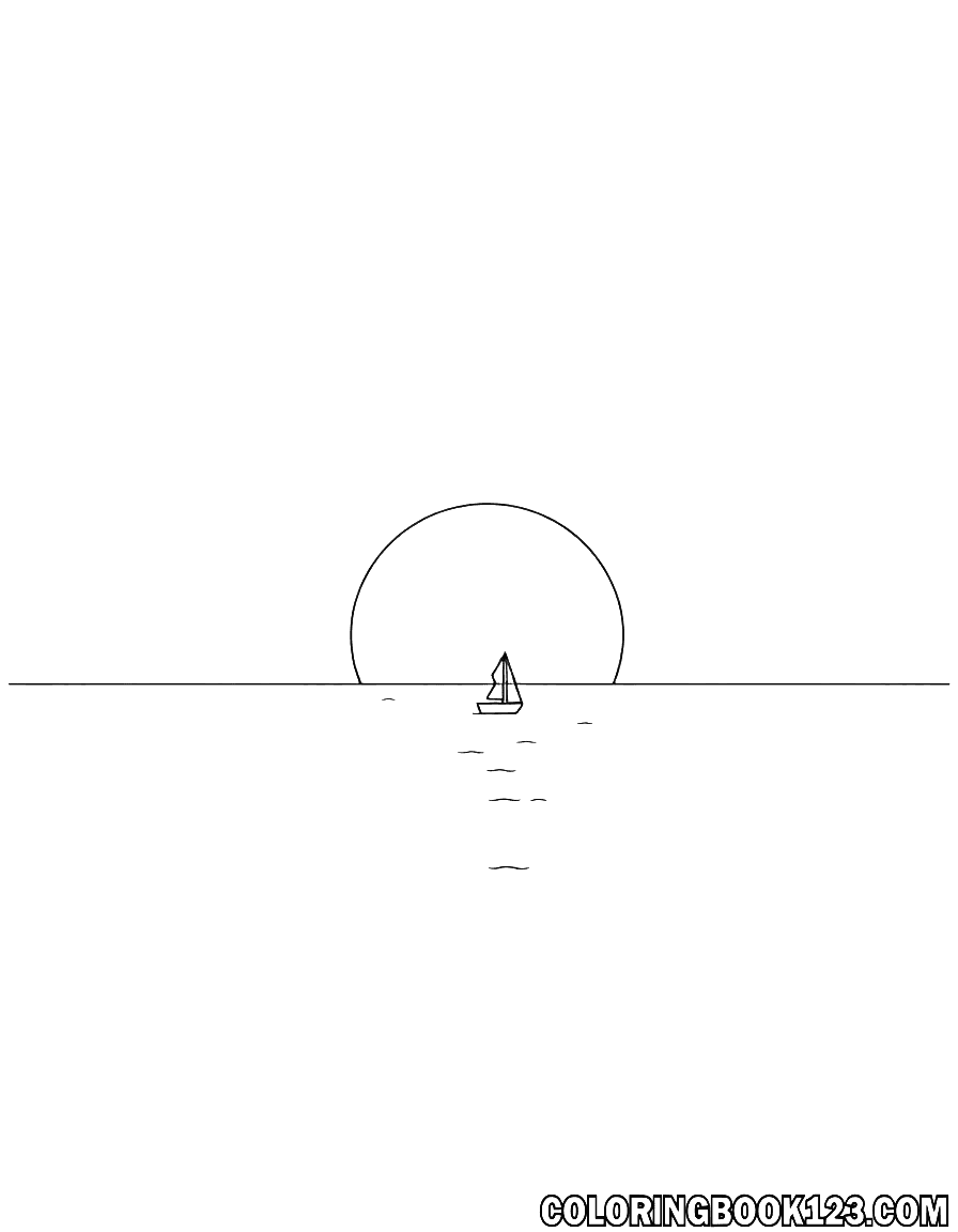 Line art of a sunrise at the sea with a boat