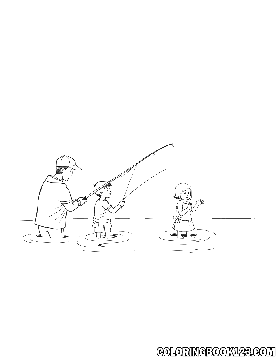 Family fishing coloring page with a parent and two kids in the water.
