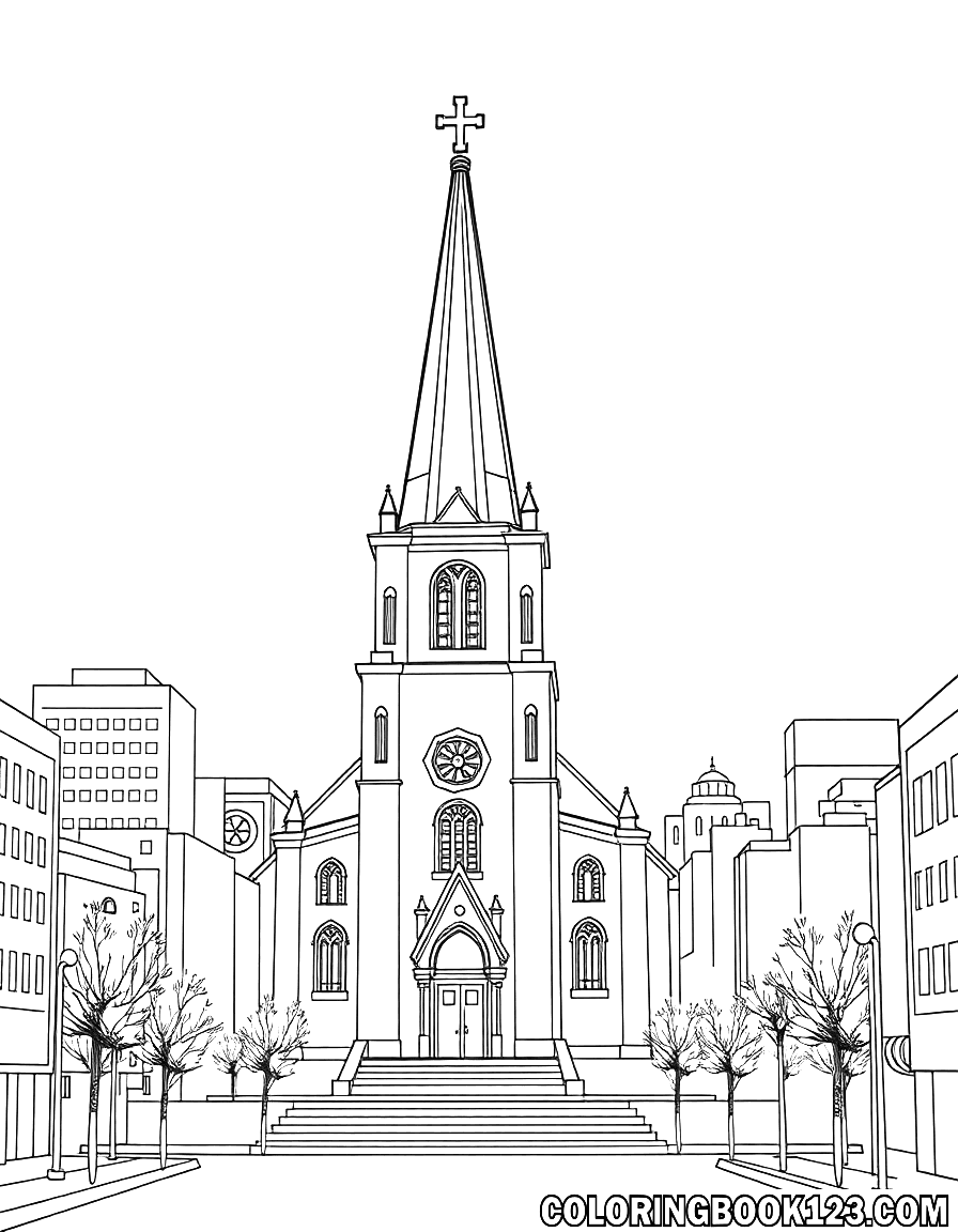 Ausmalbild einer Kirche in der Stadt