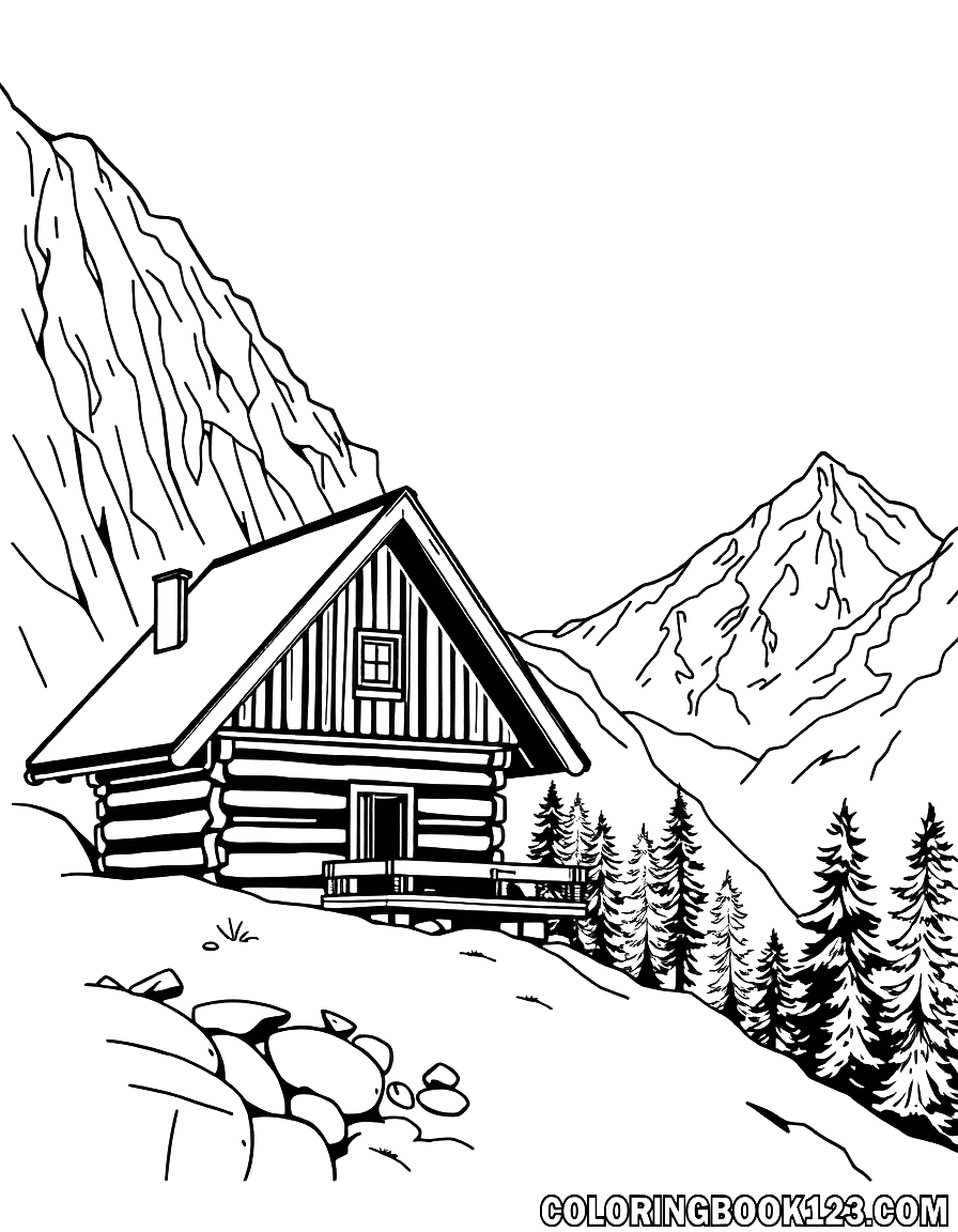 Ausmalbild einer Alpenhütte in den Bergen