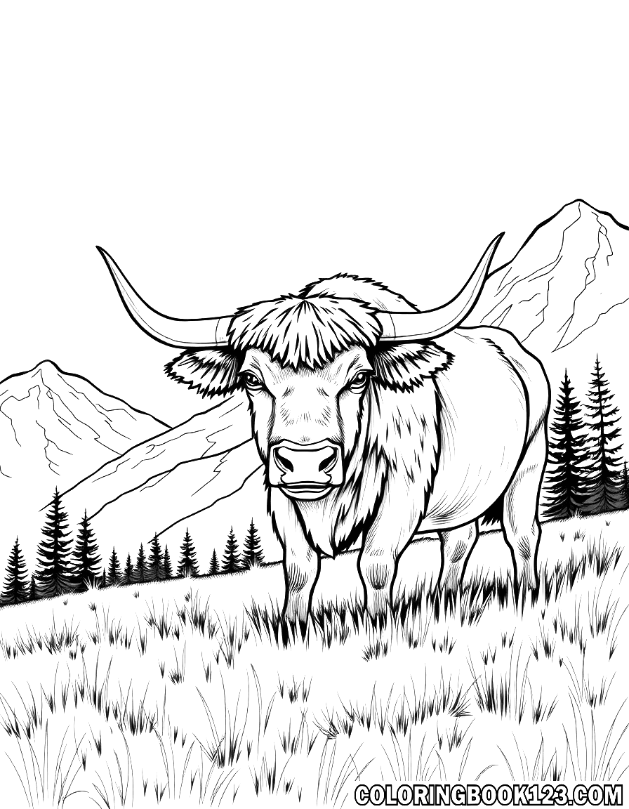 Ein Stier in einer Berglandschaft, Ausmalbild