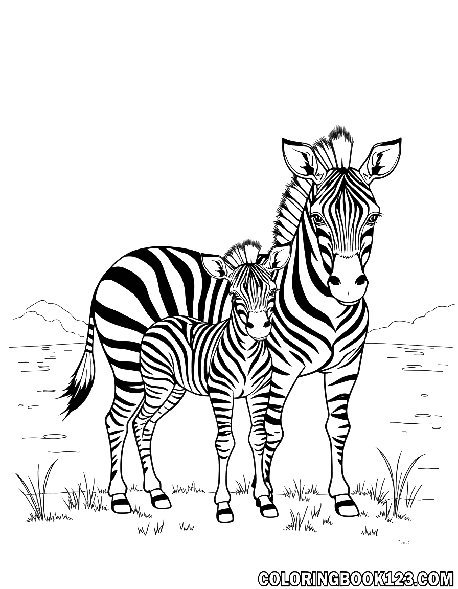 Ausmalbild einer süßen Zebra-Familie am See