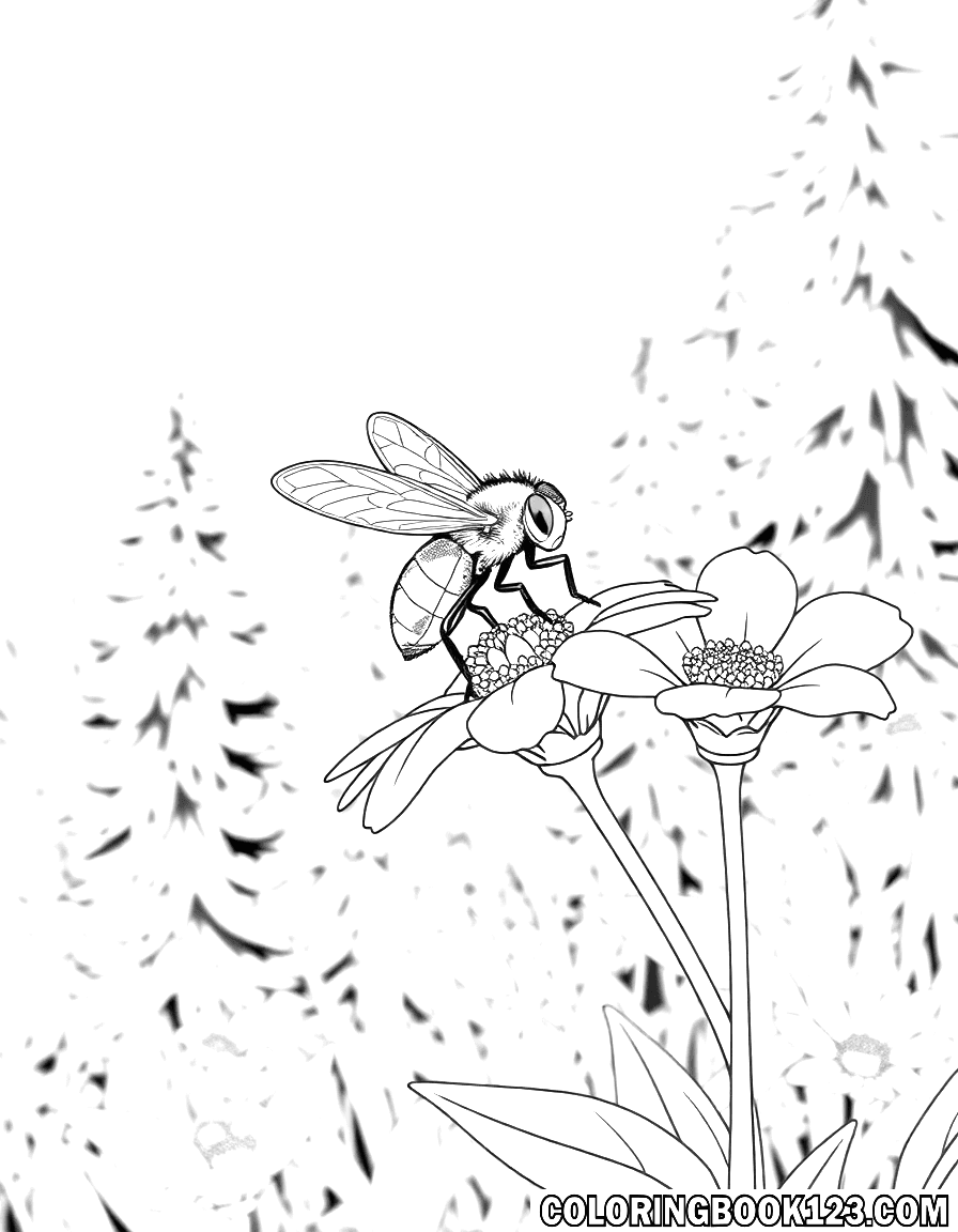Fliege auf einer Blume im Wald, Ausmalbild