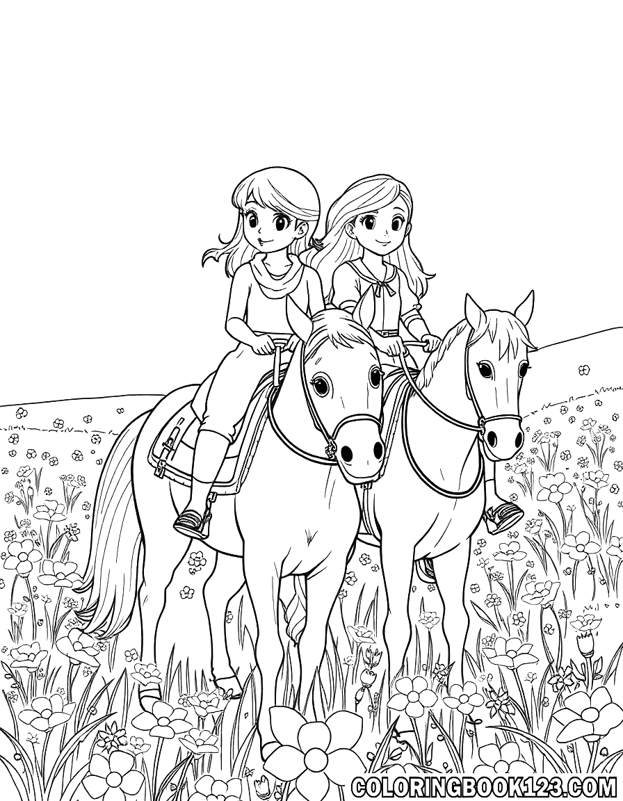 Bibi und Tina reiten auf ihren Pferden in einer blühenden Wiese.