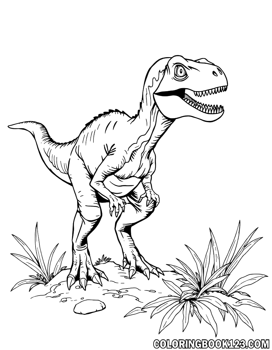 Ausmalbild eines Velociraptors in Schwarz-Weiß