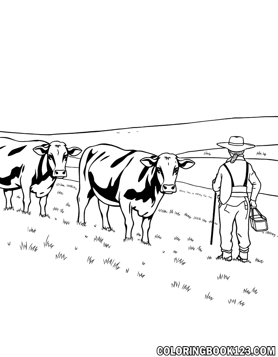 Ausmalbild von Kühen und einem Bauern im Gras
