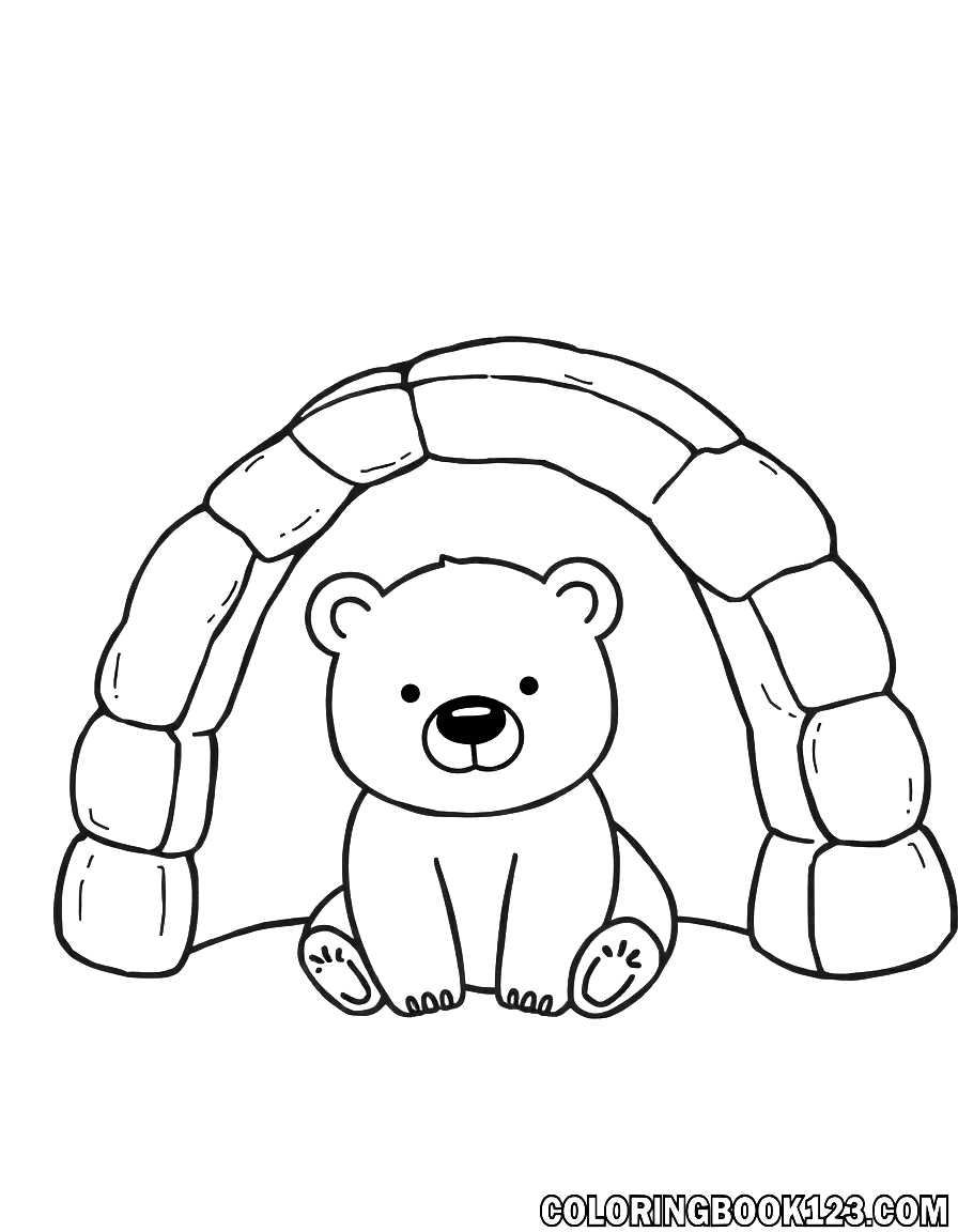 Cute little polar bear by an igloo coloring page