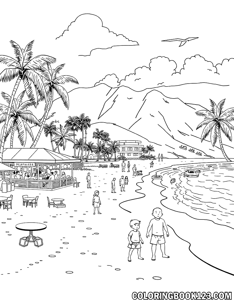 Ausmalbild eines Strandes in Hawaii mit Kindern und Restaurants