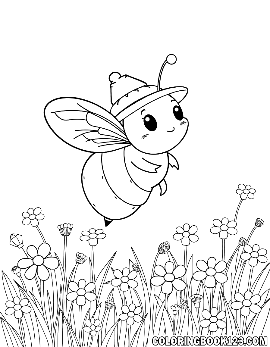 Cute bee with a hat on a flower meadow coloring page