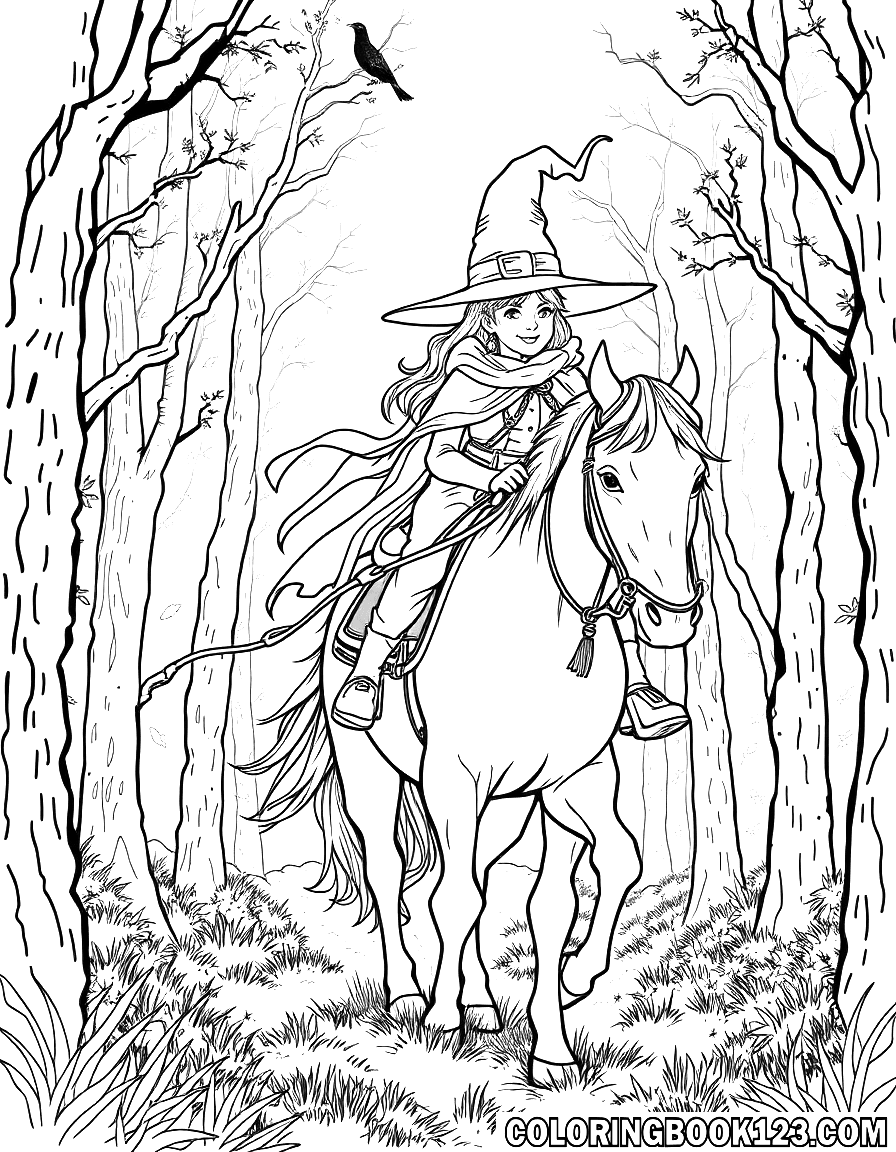 A young witch riding a horse through the forest in line art.