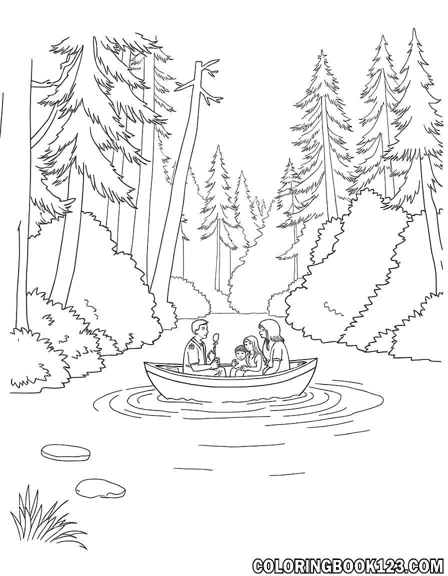 A family in a boat on a river in the forest, line art for coloring.