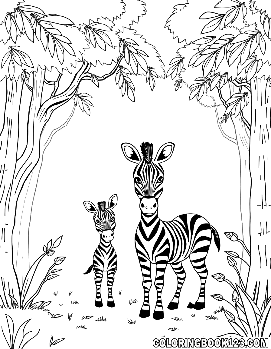 Ausmalbild einer süßen Zebra-Familie im Wald