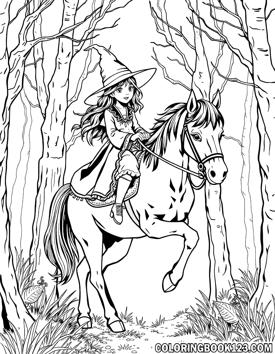 A young witch riding a horse through the forest in line art.