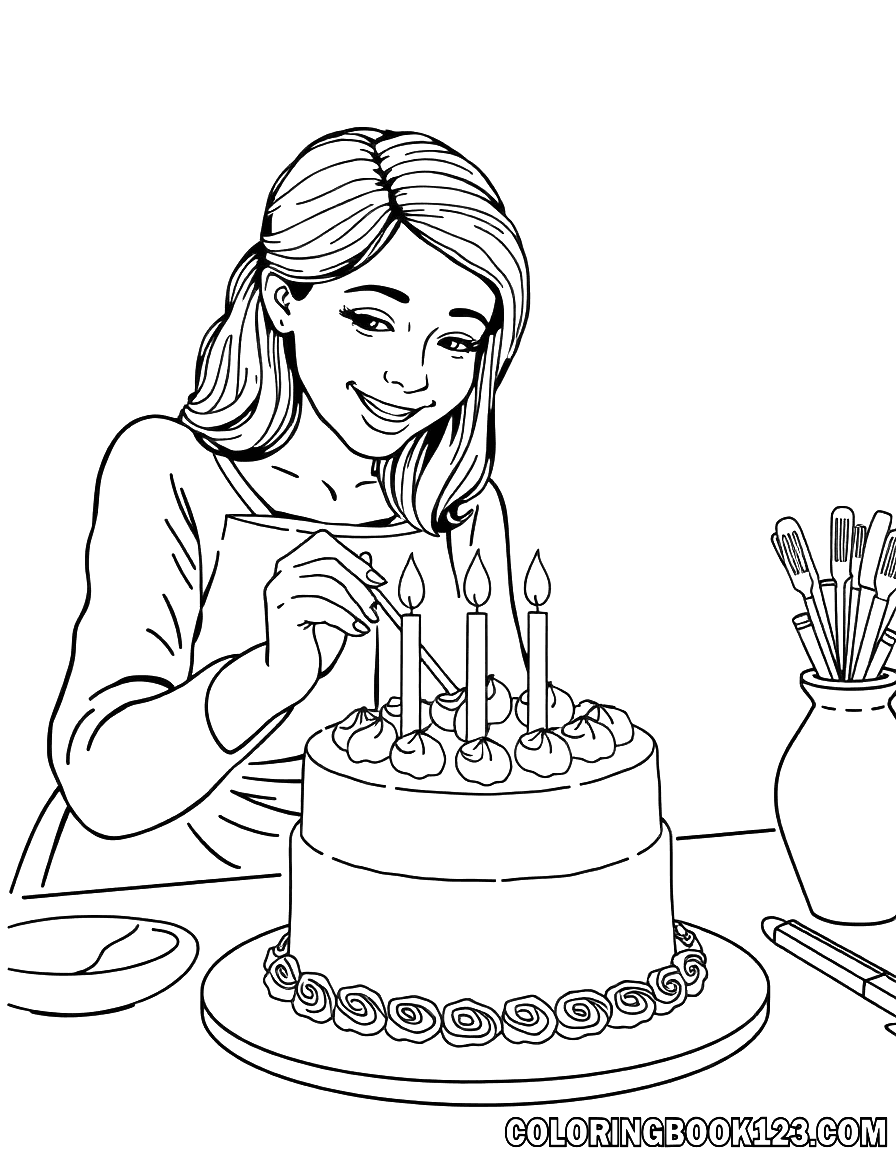 Ausmalbild von einem Kind, das mit seiner Mama einen Kuchen dekoriert.