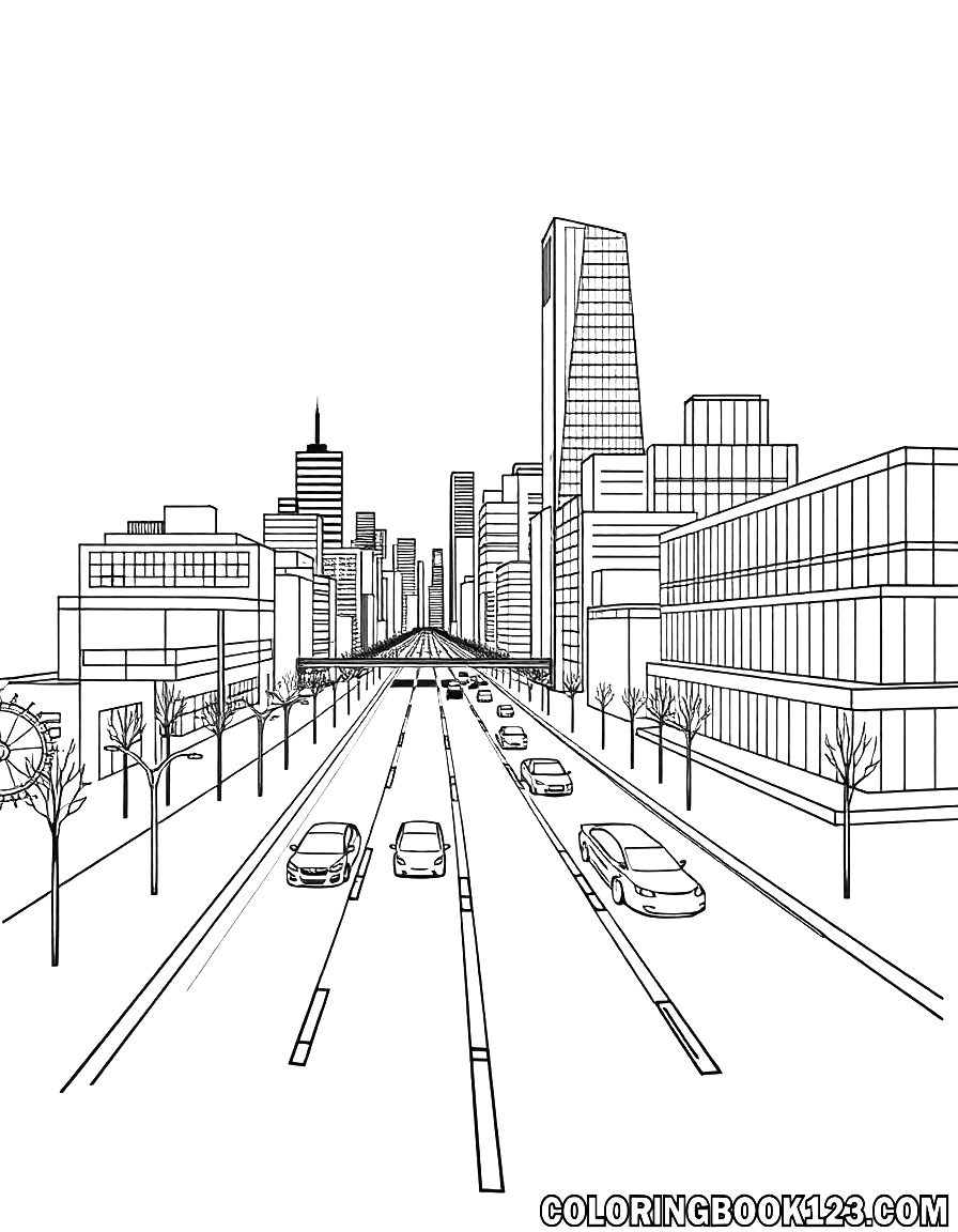 Line art of a modern city with skyscrapers and cars