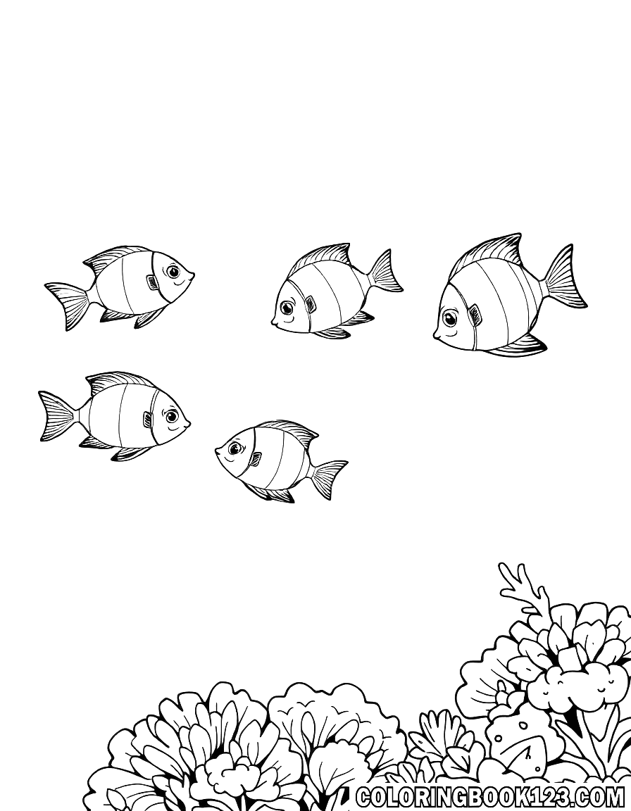 Fünf Fische im Korallenriff Ausmalbild