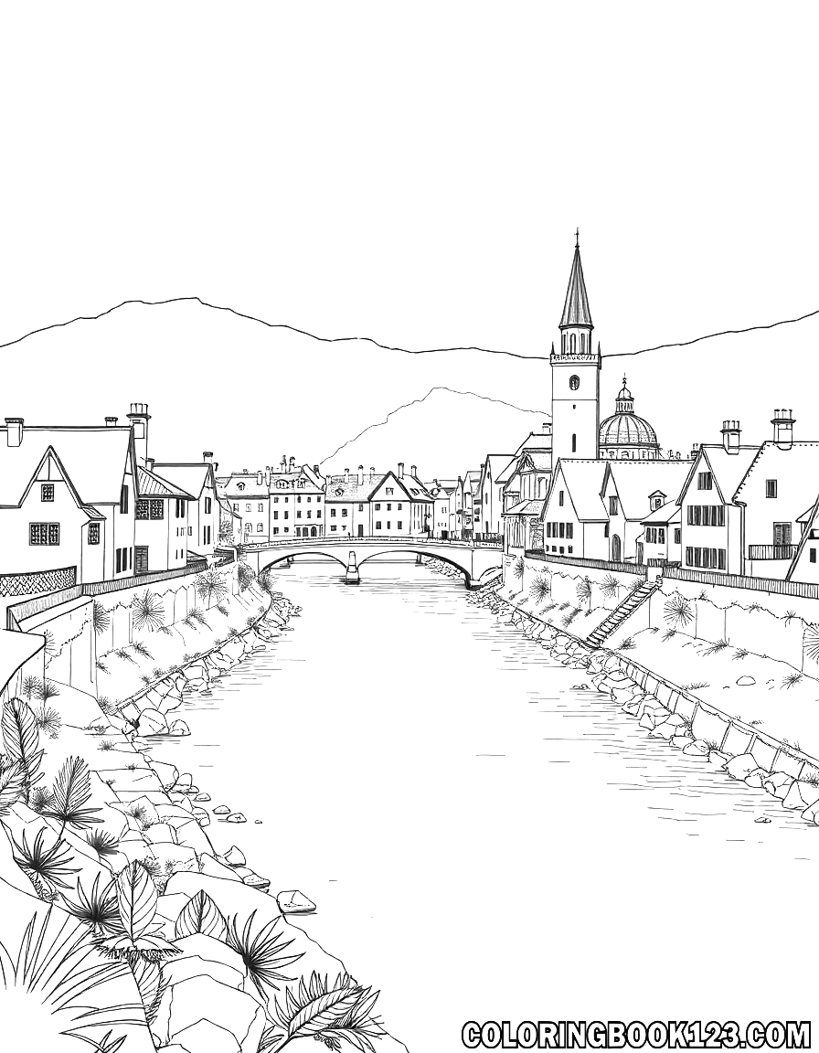 Old town by a river coloring page