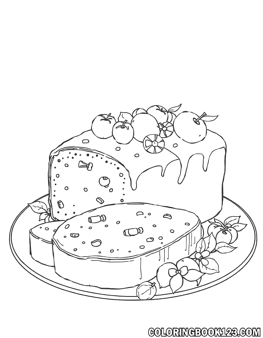 Fruitcake coloring page with line art design