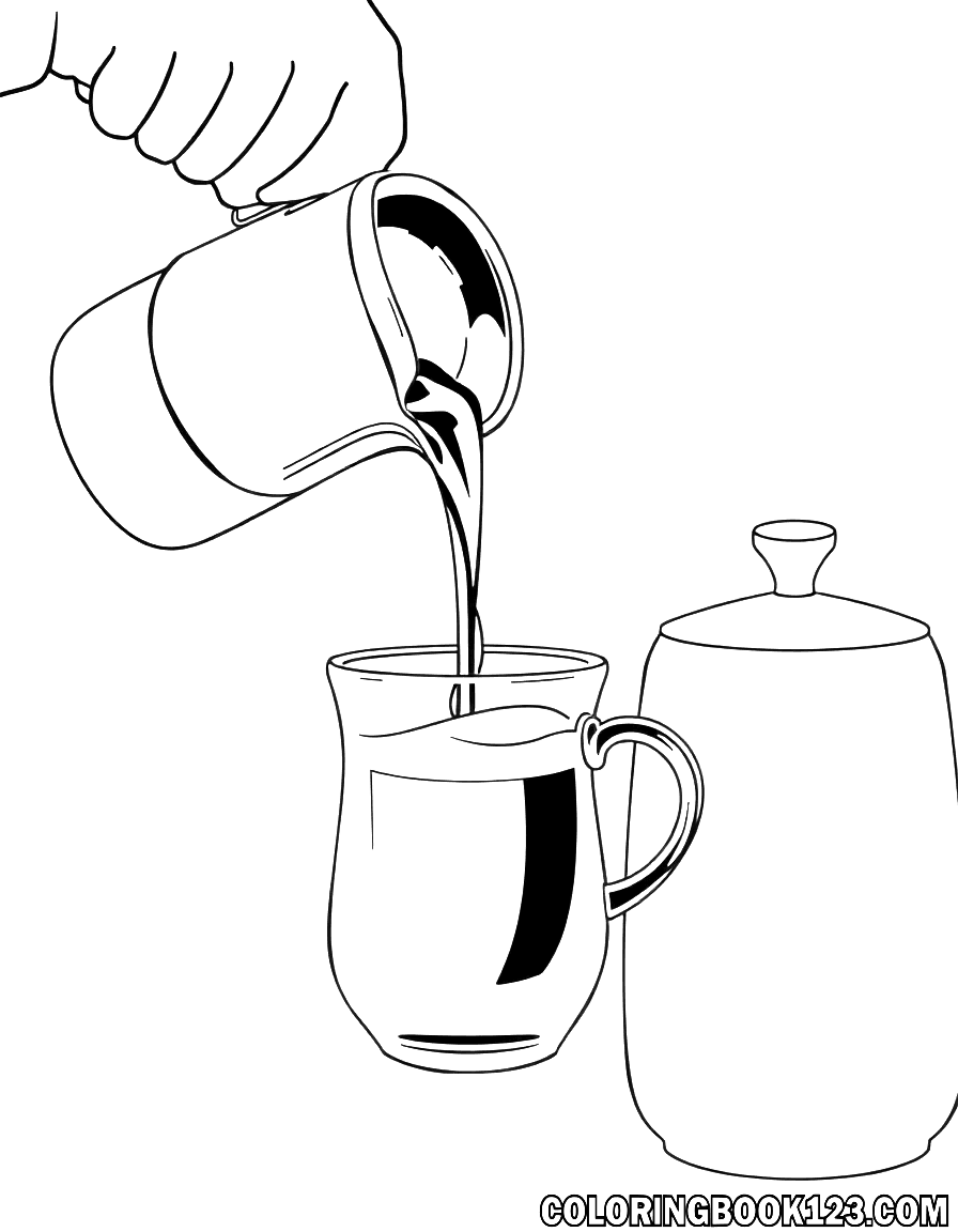 Ausmalbild von einer Hand, die Kaffee in eine Tasse gießt.