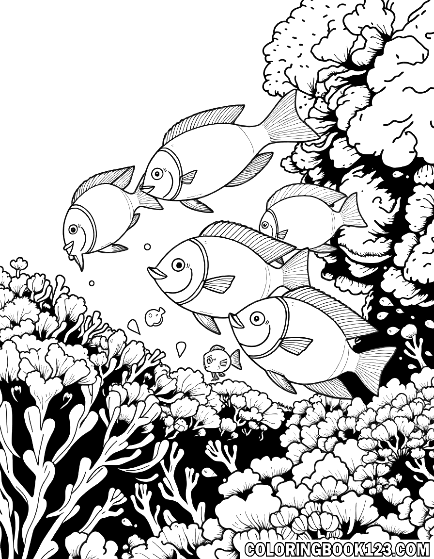 Five fish swimming in a coral reef coloring page