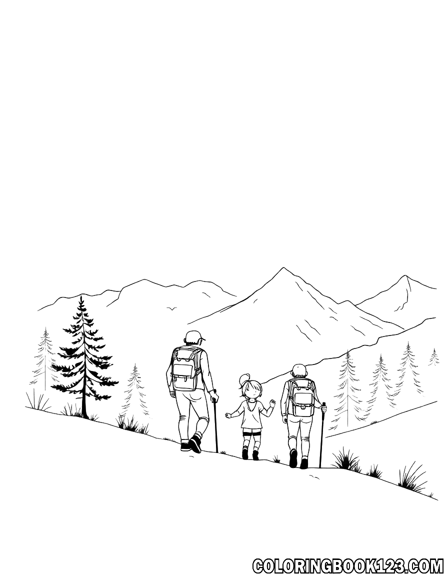 Familie beim Wandern in den Bergen Ausmalbild