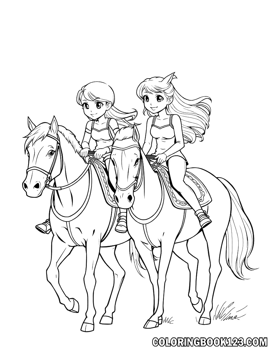 Bibi and Tina riding on their horses in line art