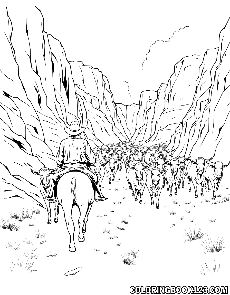 Cowboys mit einer Rinderherde im Canyon Ausmalbild