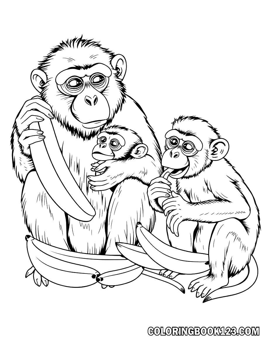 Affenfamilie, die Bananen isst, Ausmalbild
