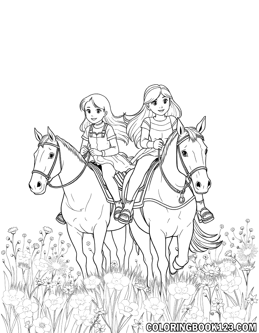 Bibi und Tina reiten auf ihren Pferden in einem Blumenfeld