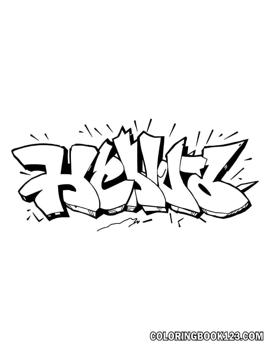 Graffiti coloring page with bold black lines on a white background.