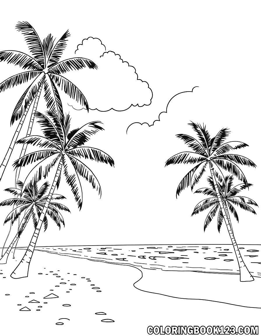 Ausmalbild eines Strandes in Hawaii mit Palmen