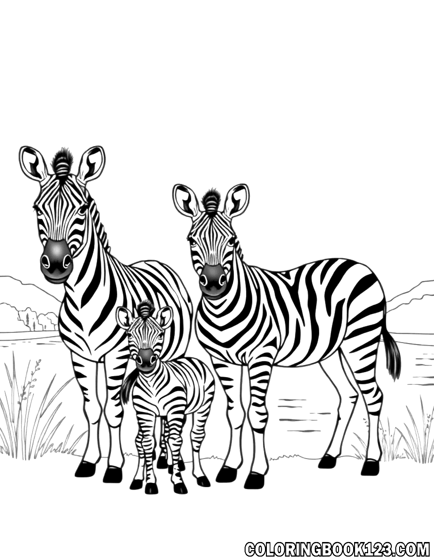 Ausmalbild einer süßen Zebra-Familie am See