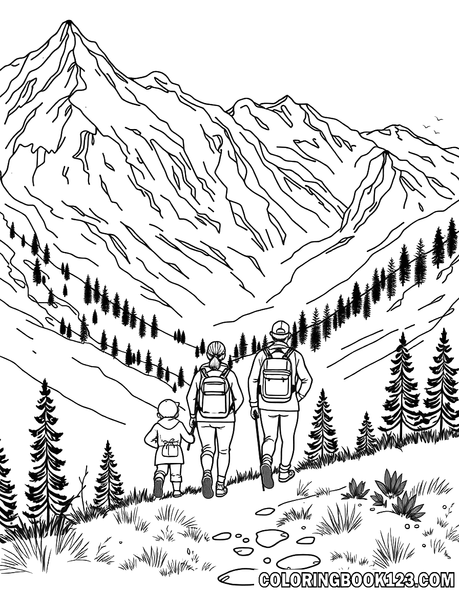 Familie wandert in den Bergen Ausmalbild