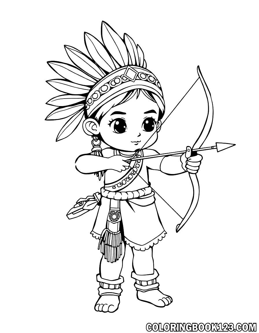 Indian child with bow and arrow coloring page